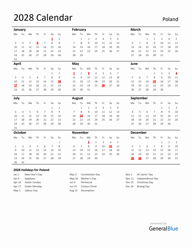 Standard Holiday Calendar for 2028 with Poland Holidays 