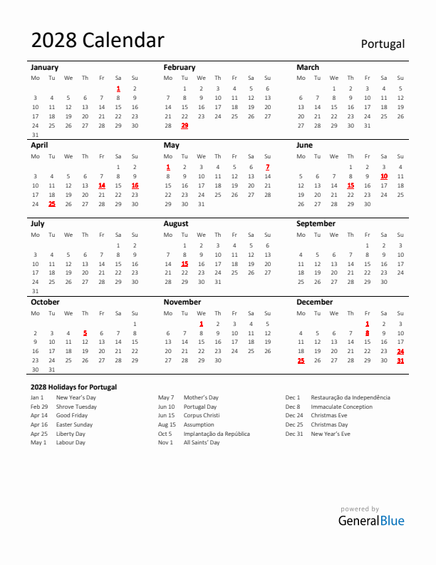 Standard Holiday Calendar for 2028 with Portugal Holidays 