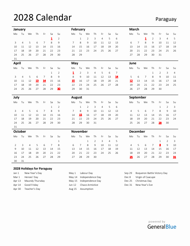 Standard Holiday Calendar for 2028 with Paraguay Holidays 