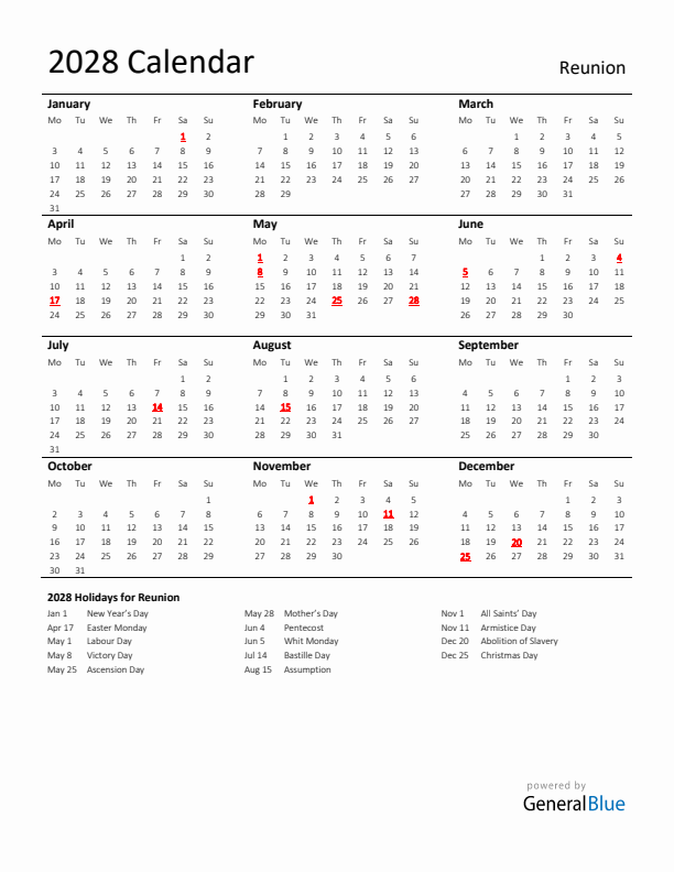Standard Holiday Calendar for 2028 with Reunion Holidays 