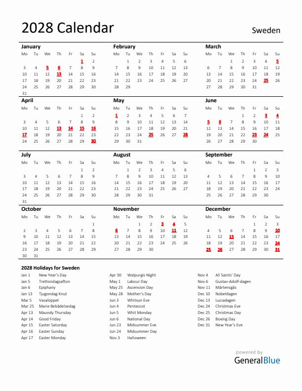Standard Holiday Calendar for 2028 with Sweden Holidays 