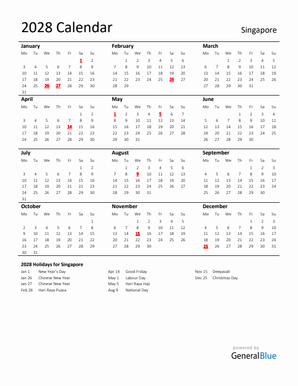 Standard Holiday Calendar for 2028 with Singapore Holidays 
