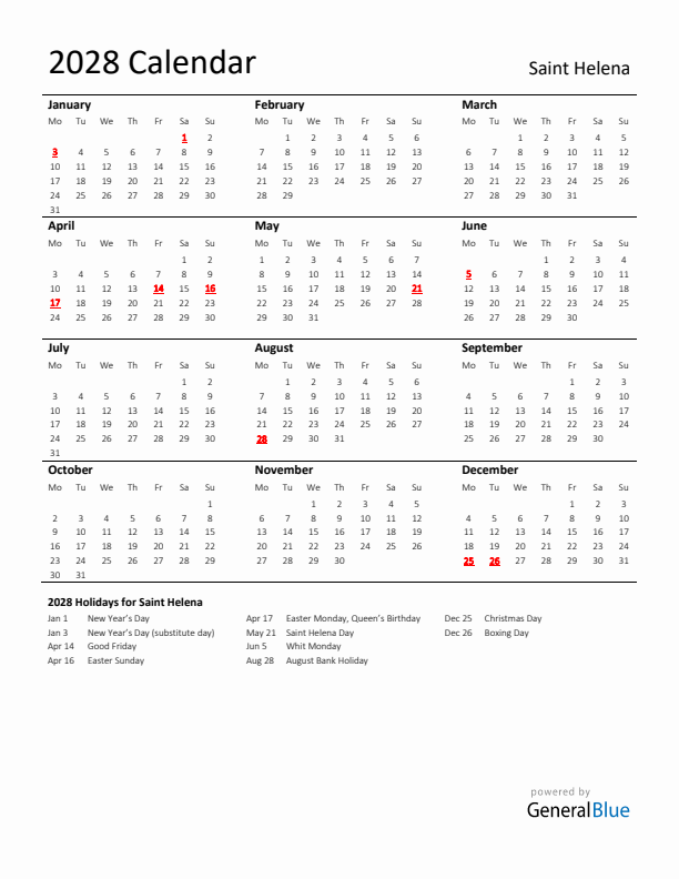 Standard Holiday Calendar for 2028 with Saint Helena Holidays 