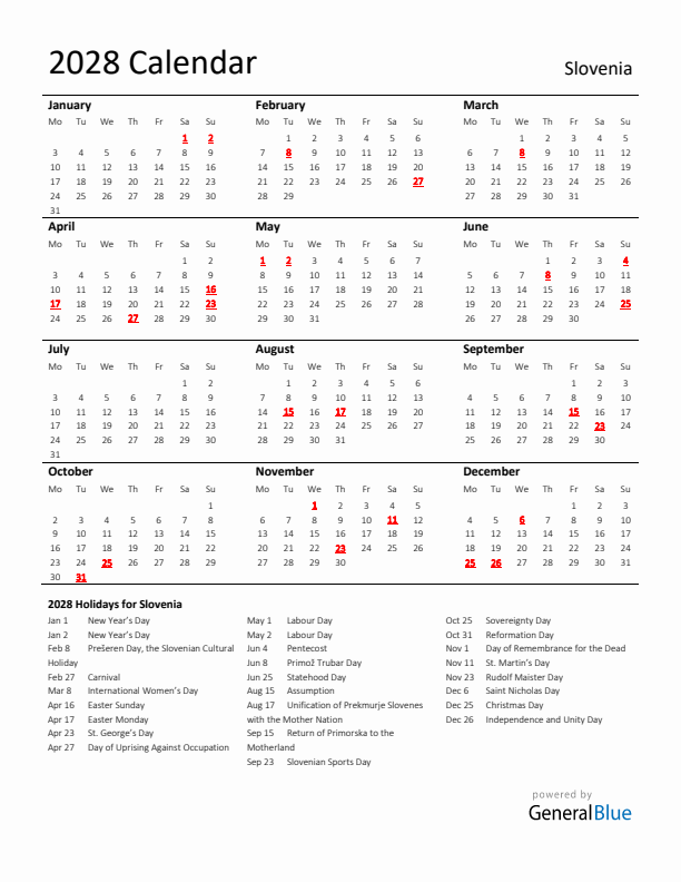Standard Holiday Calendar for 2028 with Slovenia Holidays 