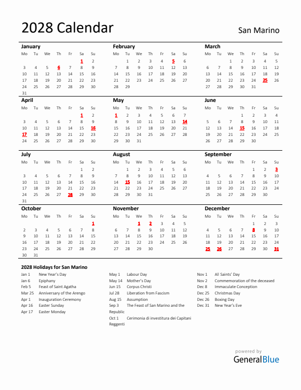 Standard Holiday Calendar for 2028 with San Marino Holidays 