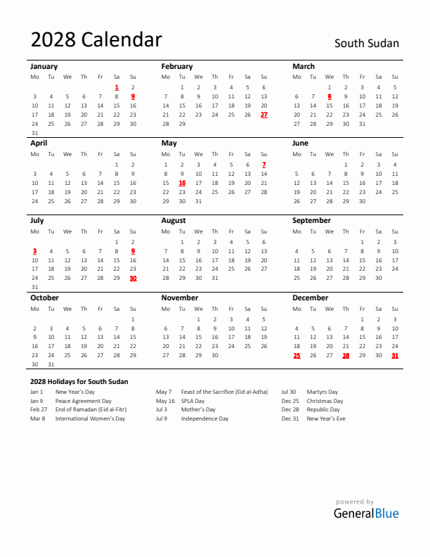 Standard Holiday Calendar for 2028 with South Sudan Holidays 