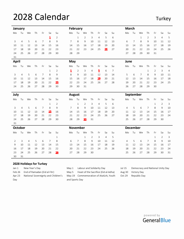 Standard Holiday Calendar for 2028 with Turkey Holidays 