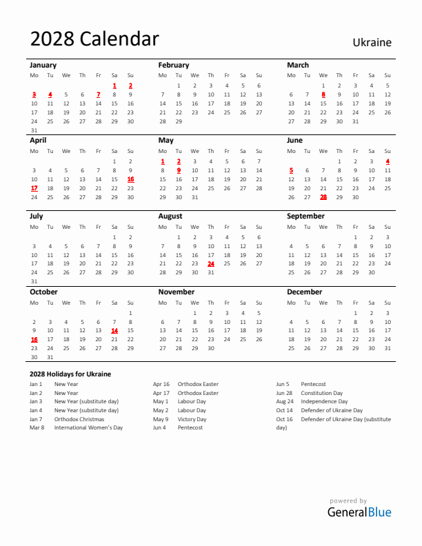 Standard Holiday Calendar for 2028 with Ukraine Holidays 