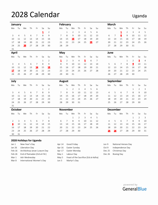 Standard Holiday Calendar for 2028 with Uganda Holidays 