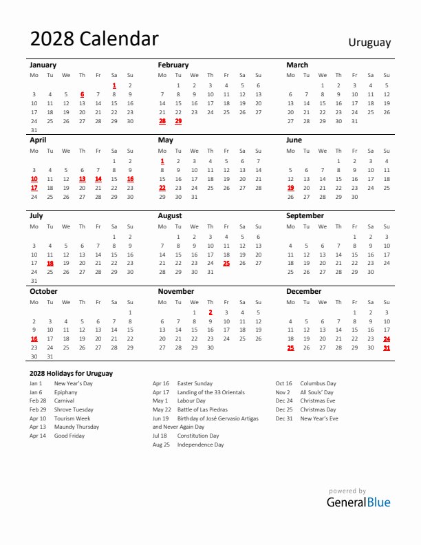 Standard Holiday Calendar for 2028 with Uruguay Holidays 