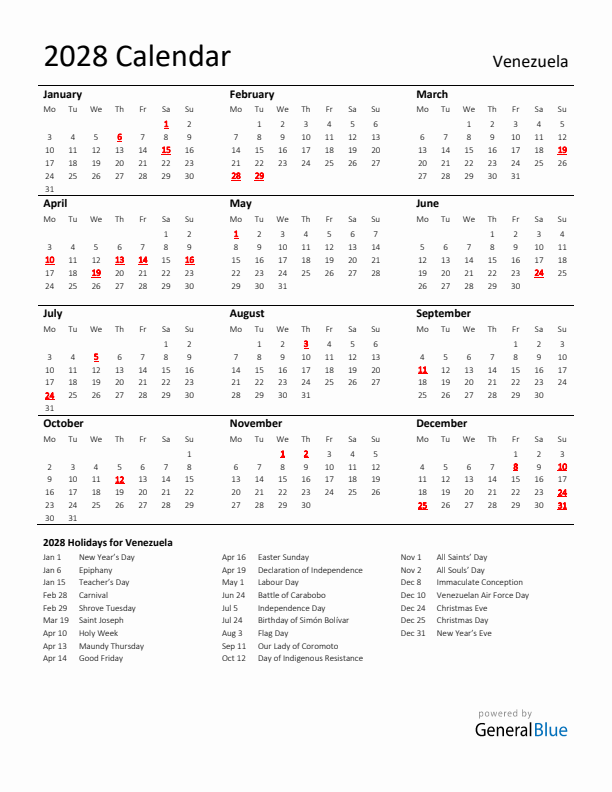 Standard Holiday Calendar for 2028 with Venezuela Holidays 