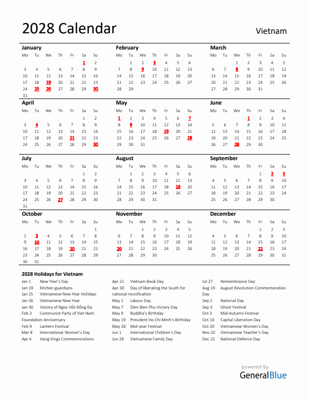 Standard Holiday Calendar for 2028 with Vietnam Holidays 