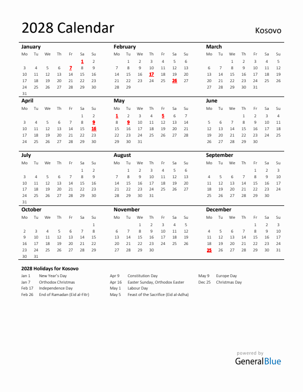 Standard Holiday Calendar for 2028 with Kosovo Holidays 
