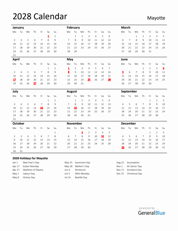 Standard Holiday Calendar for 2028 with Mayotte Holidays 