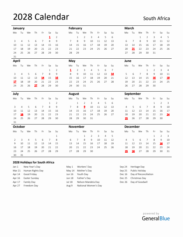 Standard Holiday Calendar for 2028 with South Africa Holidays 