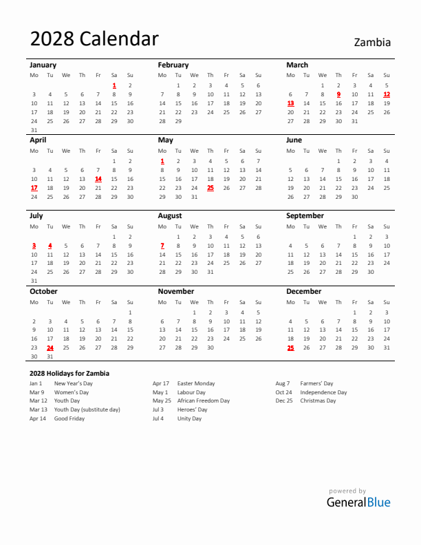 Standard Holiday Calendar for 2028 with Zambia Holidays 