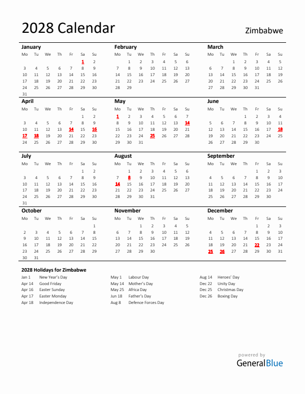 Standard Holiday Calendar for 2028 with Zimbabwe Holidays 