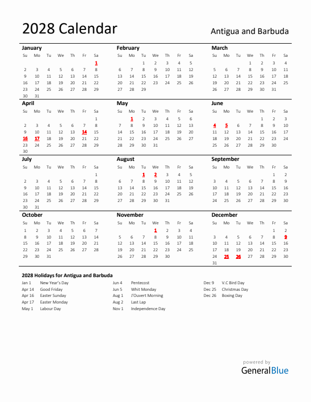 Standard Holiday Calendar for 2028 with Antigua and Barbuda Holidays 