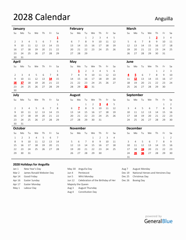 Standard Holiday Calendar for 2028 with Anguilla Holidays 