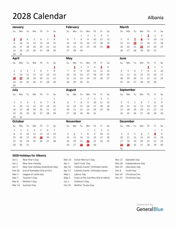 Standard Holiday Calendar for 2028 with Albania Holidays 