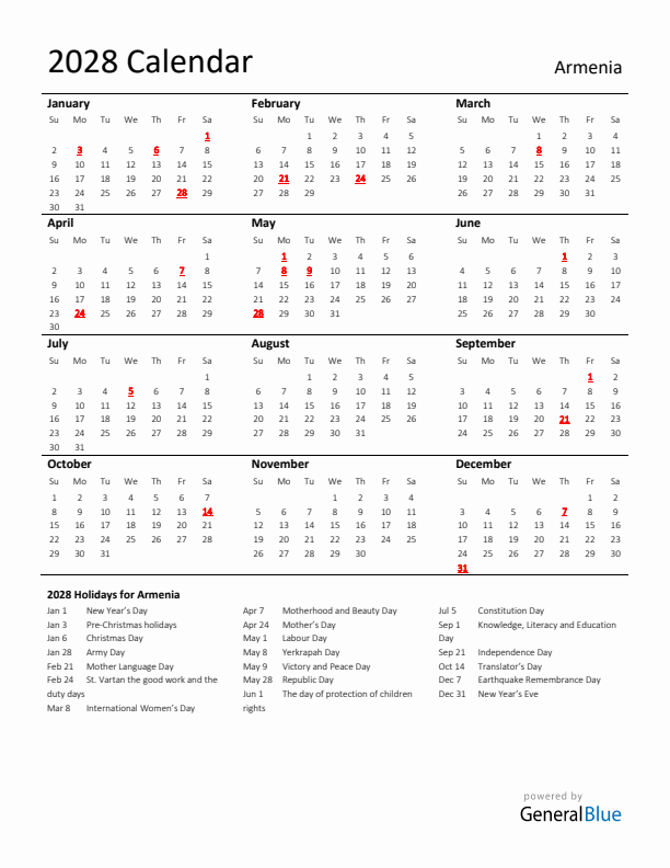 Standard Holiday Calendar for 2028 with Armenia Holidays 