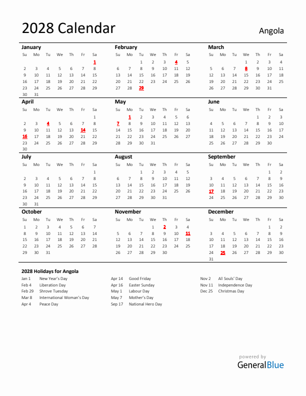 Standard Holiday Calendar for 2028 with Angola Holidays 