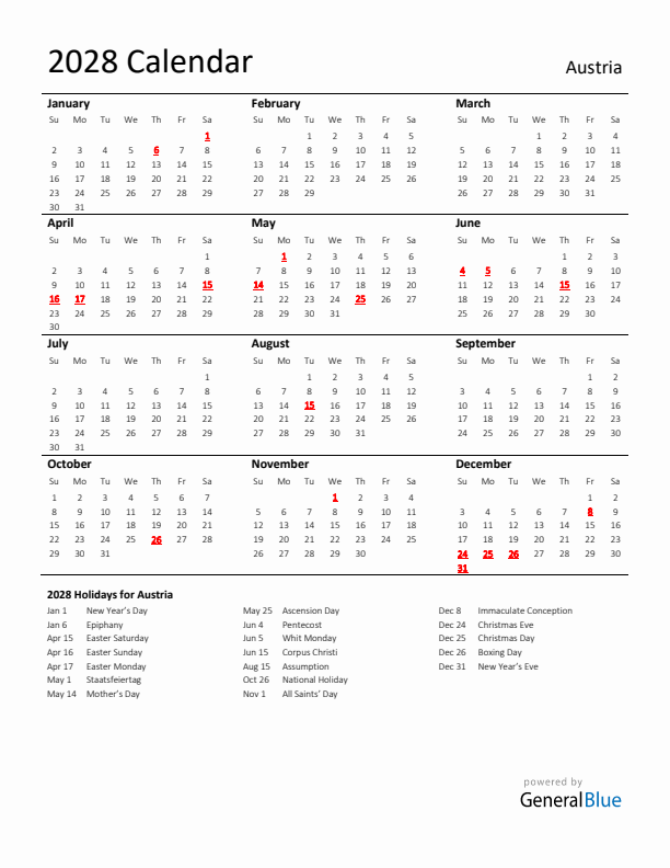 Standard Holiday Calendar for 2028 with Austria Holidays 