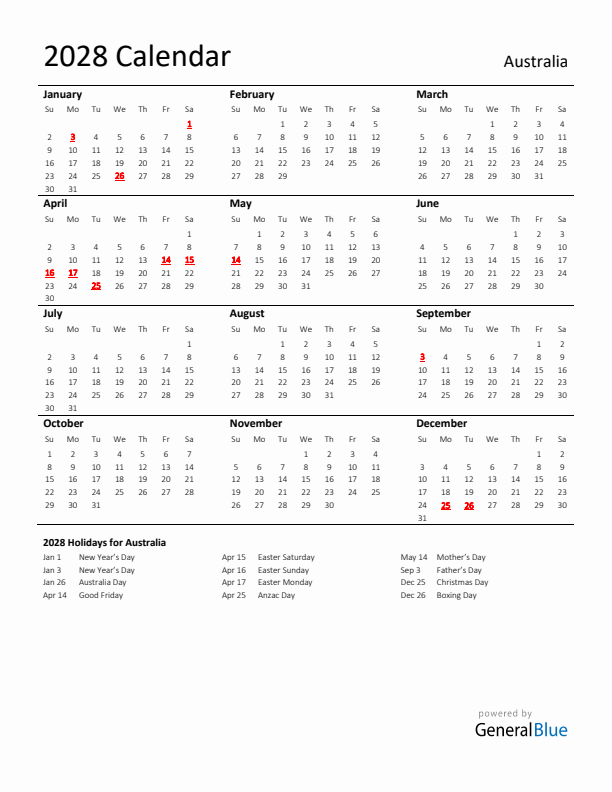 Standard Holiday Calendar for 2028 with Australia Holidays 