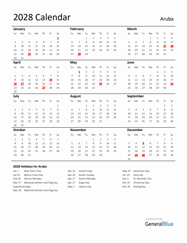 Standard Holiday Calendar for 2028 with Aruba Holidays 