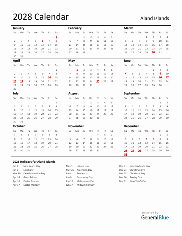 Standard Holiday Calendar for 2028 with Aland Islands Holidays 