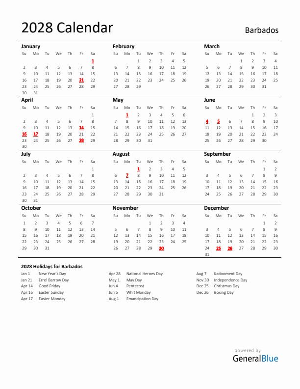 Standard Holiday Calendar for 2028 with Barbados Holidays 