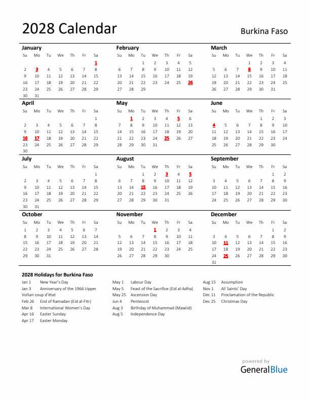 Standard Holiday Calendar for 2028 with Burkina Faso Holidays 