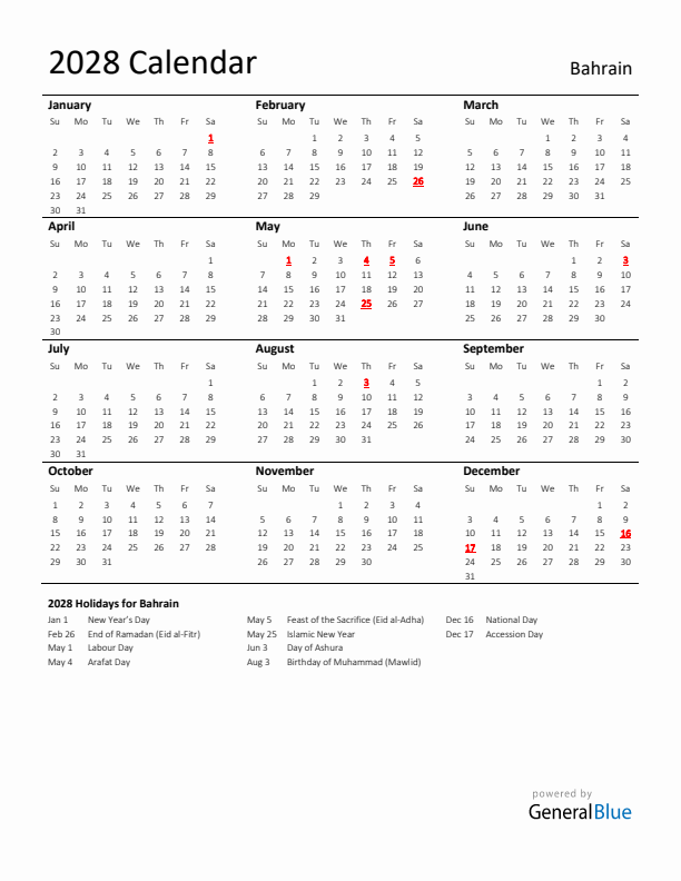 Standard Holiday Calendar for 2028 with Bahrain Holidays 