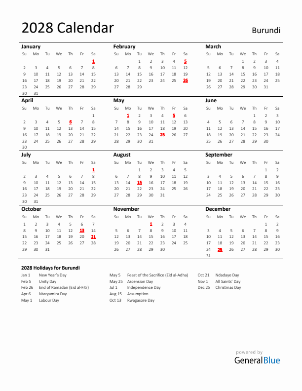 Standard Holiday Calendar for 2028 with Burundi Holidays 