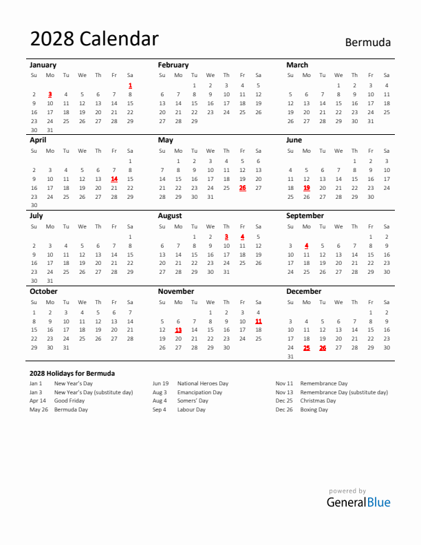 Standard Holiday Calendar for 2028 with Bermuda Holidays 