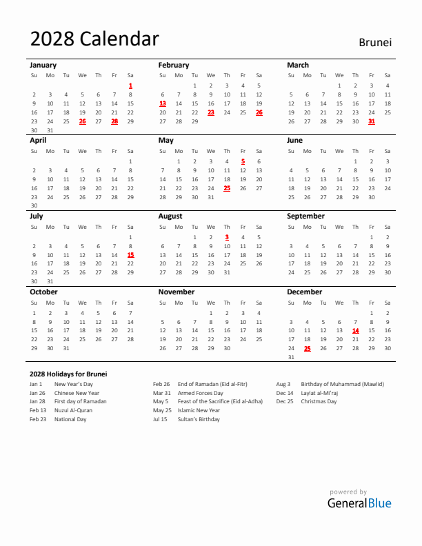 Standard Holiday Calendar for 2028 with Brunei Holidays 