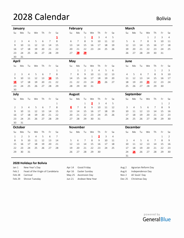 Standard Holiday Calendar for 2028 with Bolivia Holidays 
