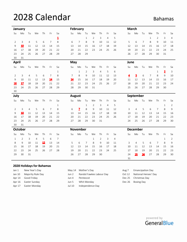 Standard Holiday Calendar for 2028 with Bahamas Holidays 
