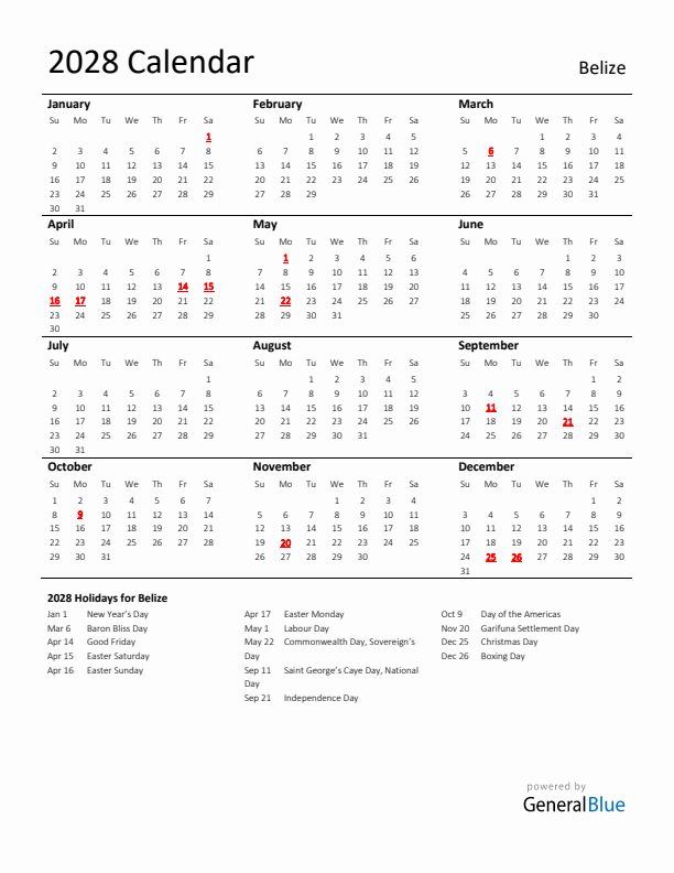 Standard Holiday Calendar for 2028 with Belize Holidays 
