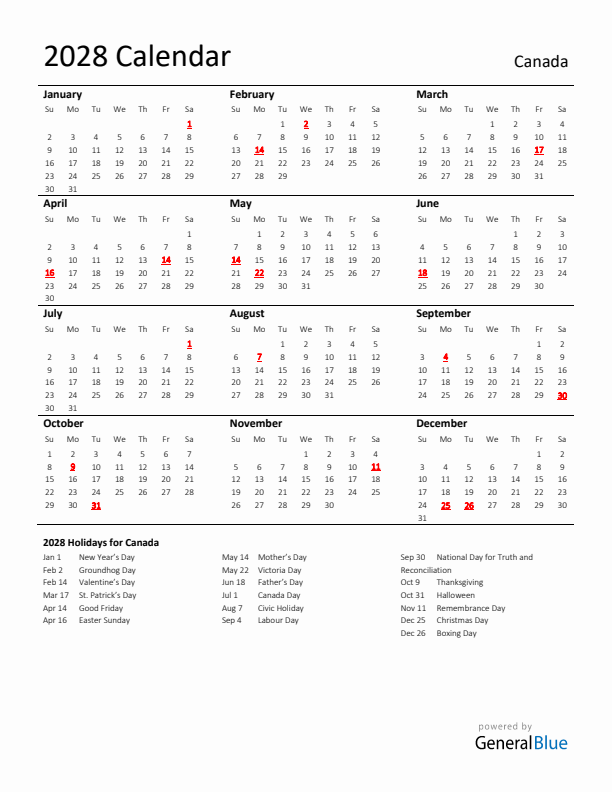 Standard Holiday Calendar for 2028 with Canada Holidays 