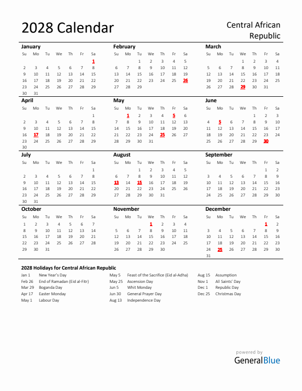 Standard Holiday Calendar for 2028 with Central African Republic Holidays 