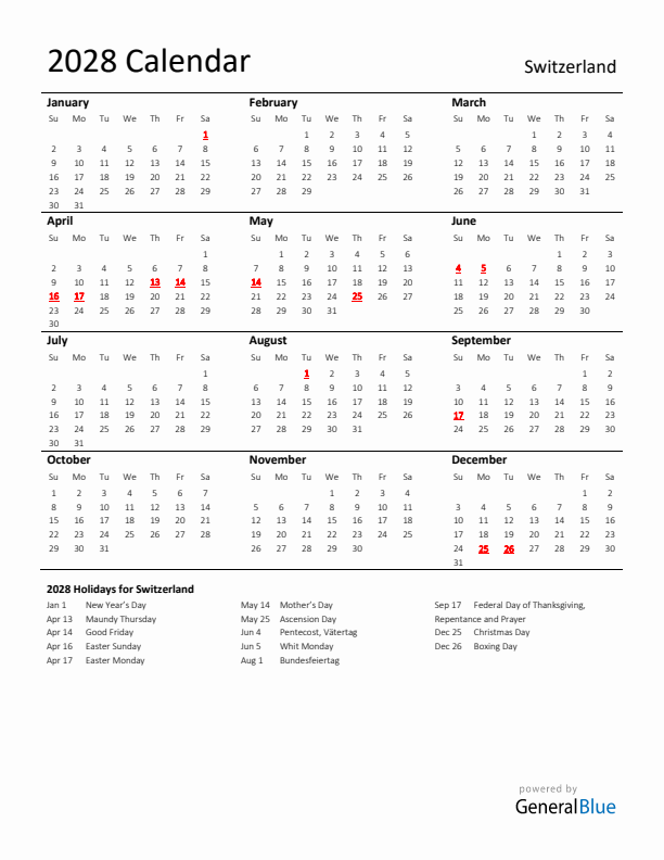 Standard Holiday Calendar for 2028 with Switzerland Holidays 