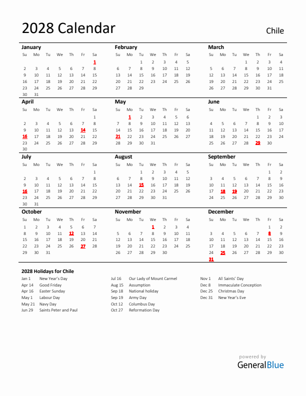 Standard Holiday Calendar for 2028 with Chile Holidays 