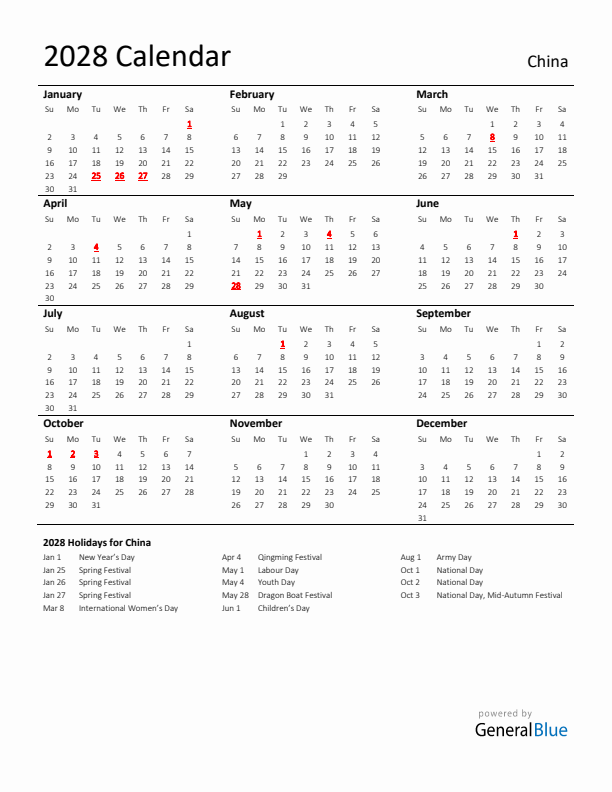 Standard Holiday Calendar for 2028 with China Holidays 