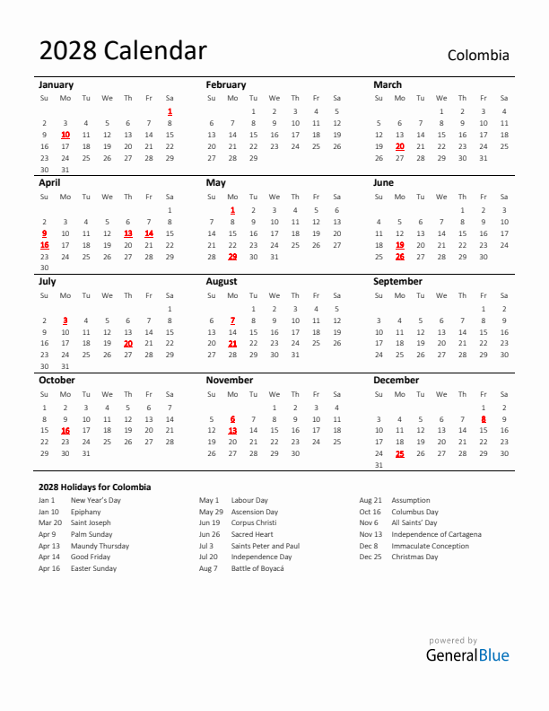 Standard Holiday Calendar for 2028 with Colombia Holidays 