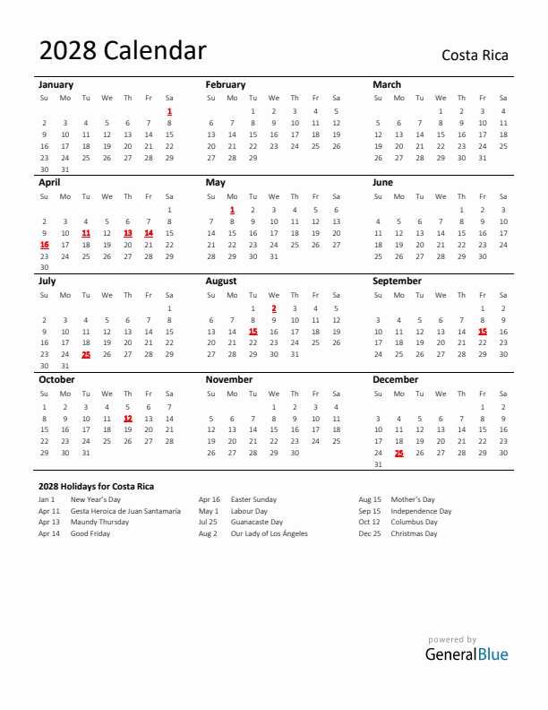 Standard Holiday Calendar for 2028 with Costa Rica Holidays 