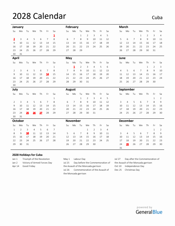 Standard Holiday Calendar for 2028 with Cuba Holidays 