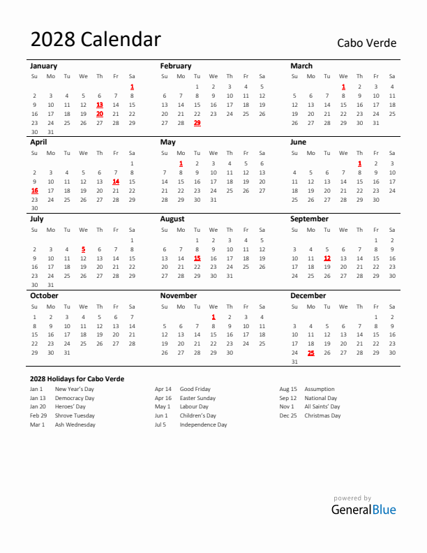 Standard Holiday Calendar for 2028 with Cabo Verde Holidays 
