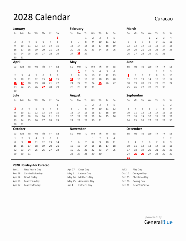 Standard Holiday Calendar for 2028 with Curacao Holidays 