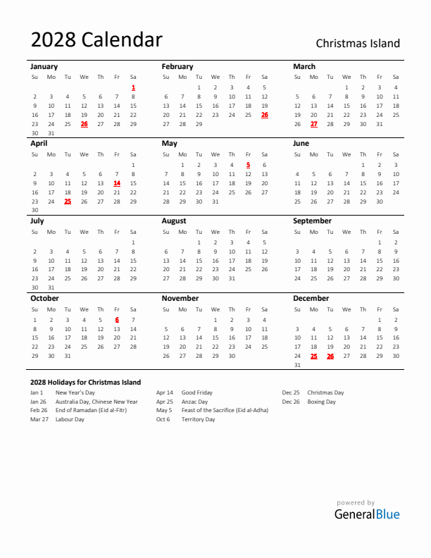 Standard Holiday Calendar for 2028 with Christmas Island Holidays 